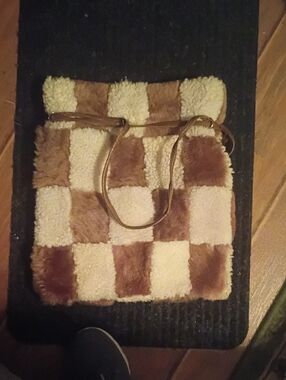 Vintage Faux Shearling Checkered Crossbody Bag in Cream and Brown
